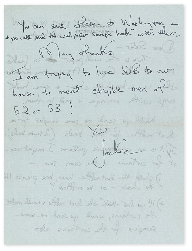 KENNEDY, JACQUELINE. Autograph Letter Signed, XO / Jackie, to Mrs. Henry Parish II (Dear Sister),